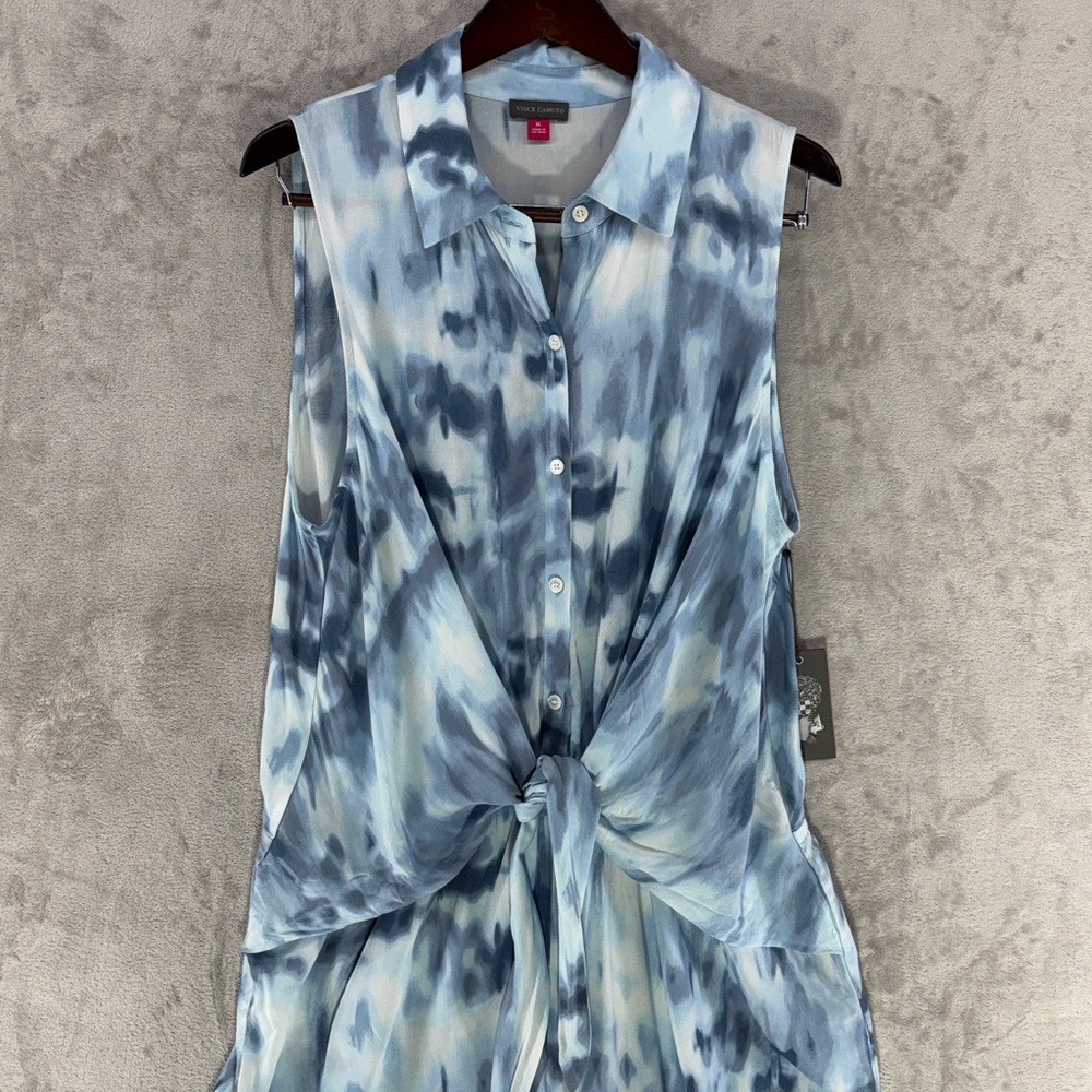 NWT Vince Camuto Blue Tie Dye Sleeveless Button Up Tie Front Jumpsuit Size XL - Picture 3 of 12